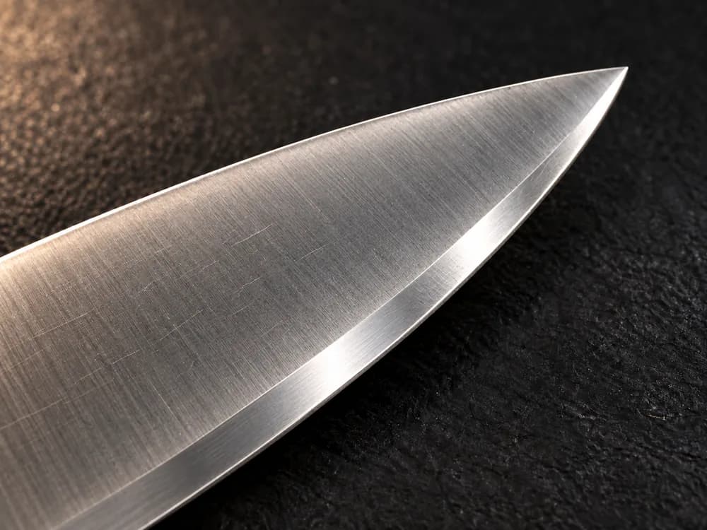 Macro photo of the same knife tip freshly sharpened, a clean mirror-polished bevel running to the point