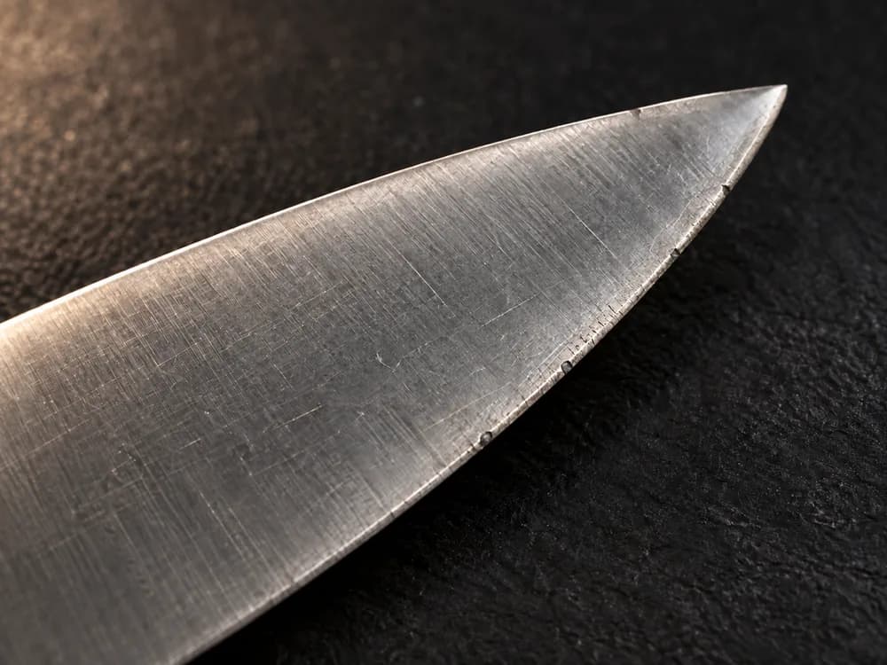 Macro photo of a dull kitchen knife tip on dark leather, the edge chipped and scratched with no visible bevel