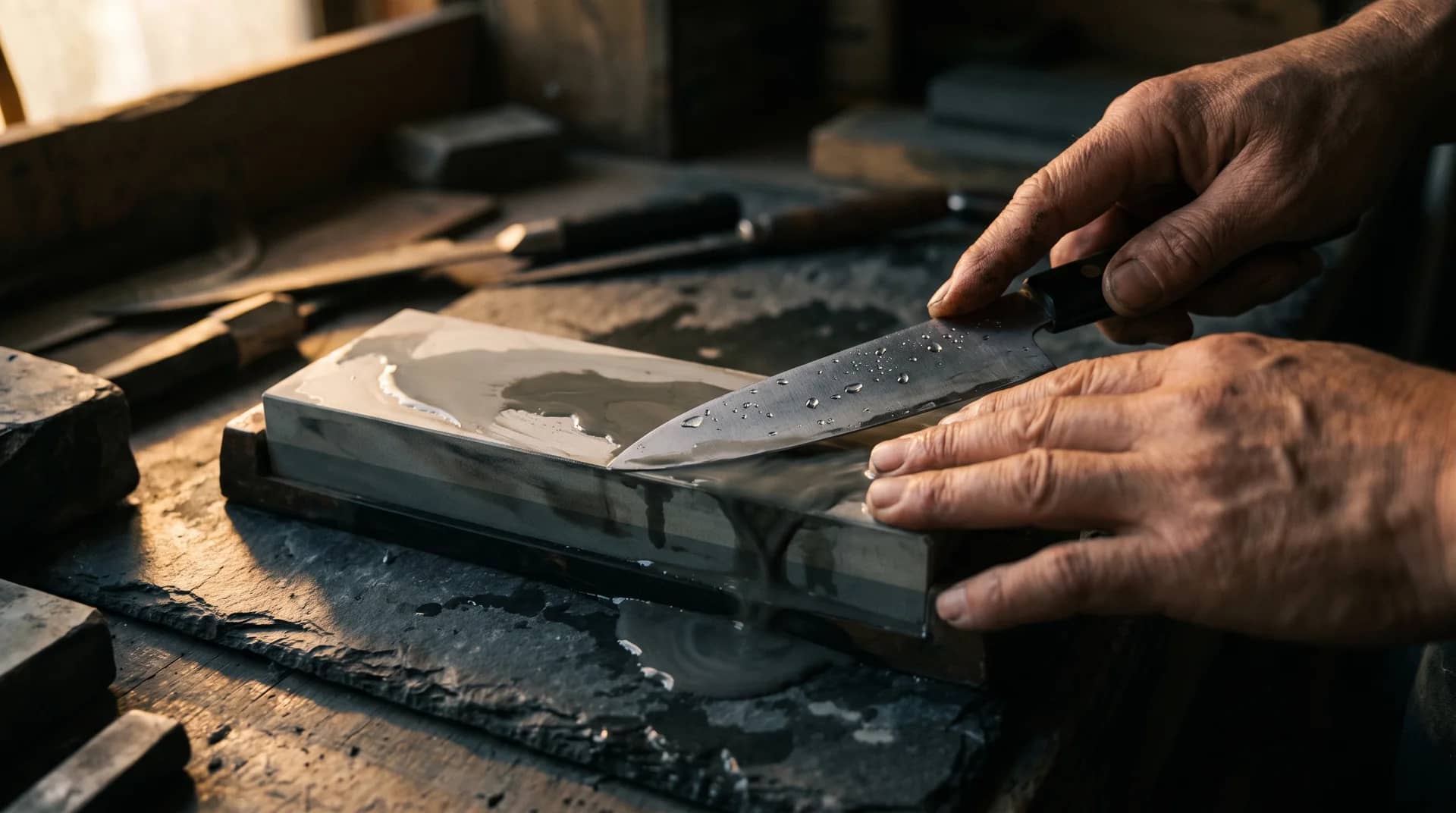 Hands drawing a chef's knife across a wet Japanese whetstone, water beading on the blade