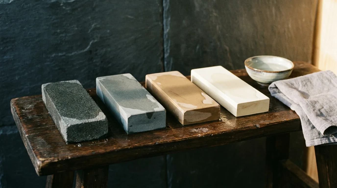 A row of Japanese whetstones lined up from coarse to fine on a wooden bench